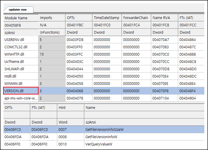 [그림 11] updater.exe 파일과 함께 실행되는 version.dll 화면