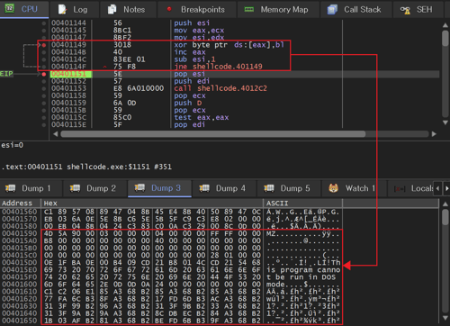 [그림 14] shellcode XOR 로직 부분 디버깅 모습