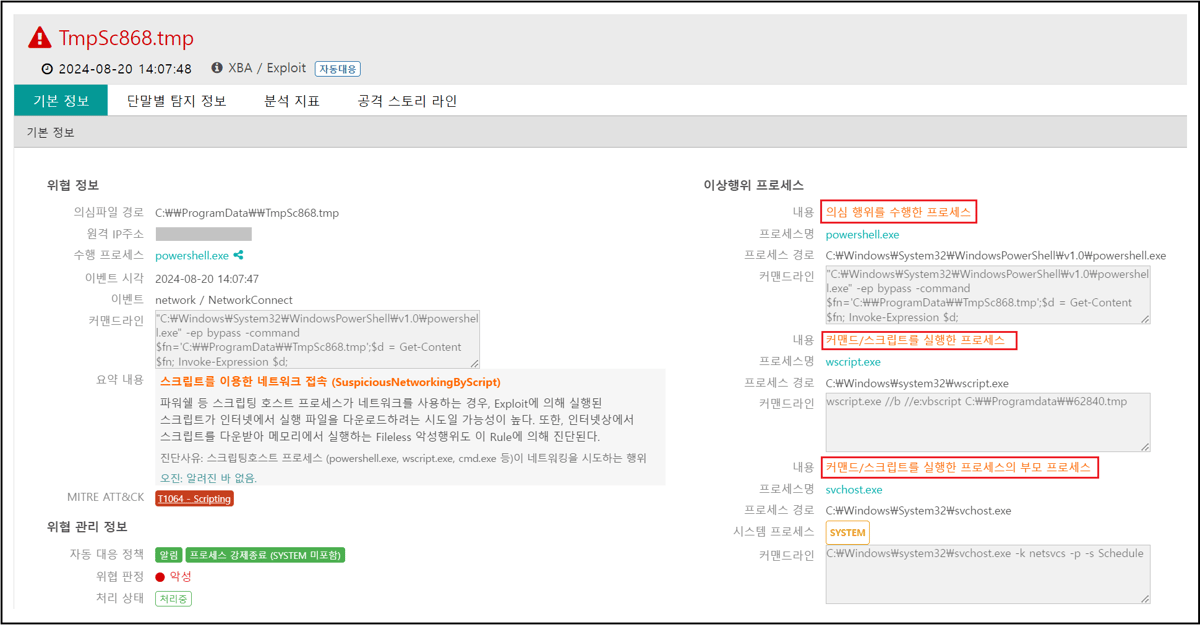 위협 탐지 및 관리 정보 화면